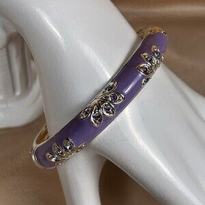 Vintage Purple Enamel Floral Hinged Bracelet With Purple Rhinestone Accents A28